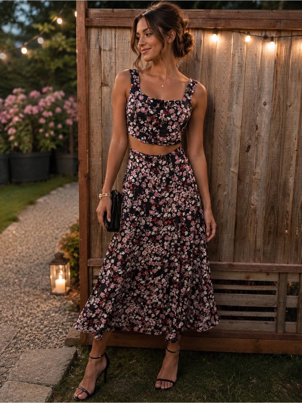 NWOT Wayf Black Floral Two-Piece Maxi Dress with Pink and Red Accents